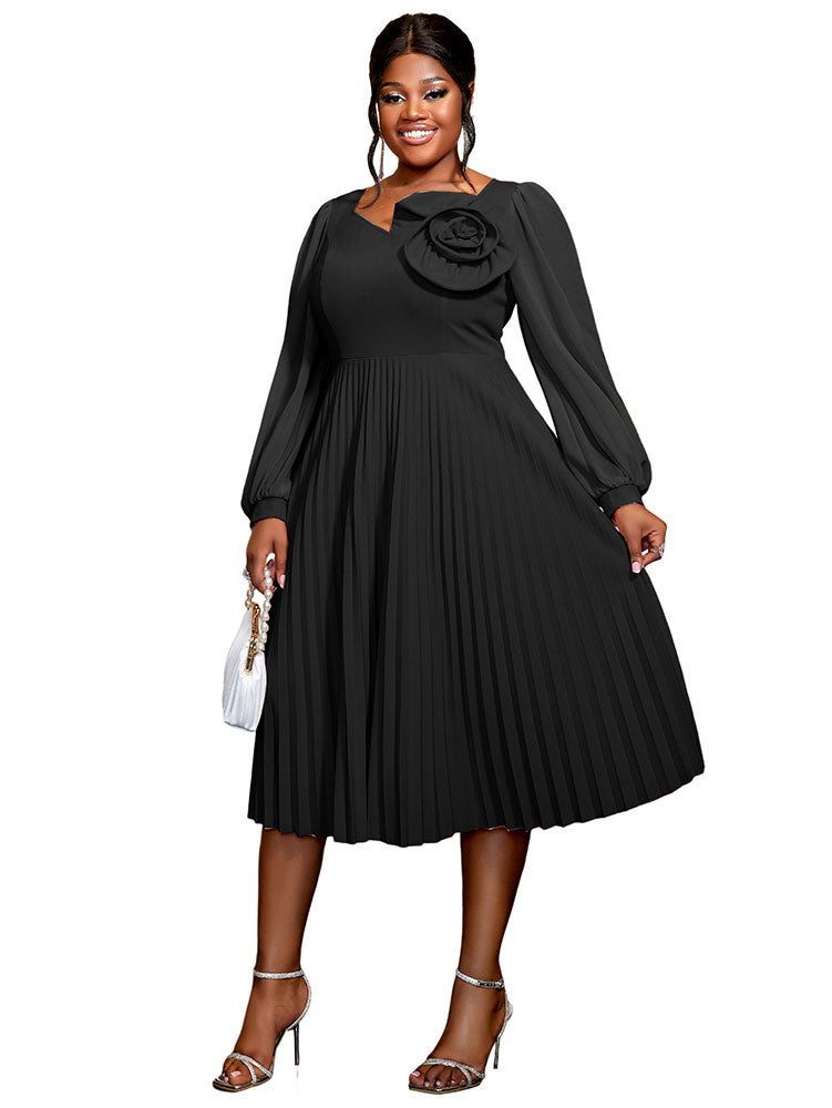 AOMEIDRESS V Neck Pleated Dress 3D Flowers Long Lantern Sleeve A-Line