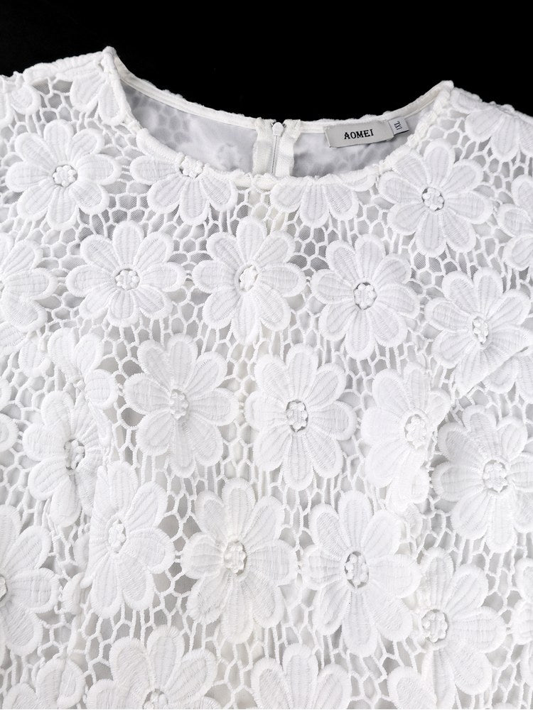 AOMEIDRESS Lace Bodycon Midi Dresses O Neck Short Sleeve Tassel Hem
