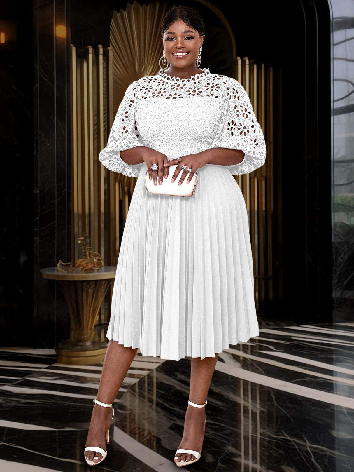 AOMEIDRESS White Lace Patchwork Half Lantern Sleeves Hollow Out Pleated Dress