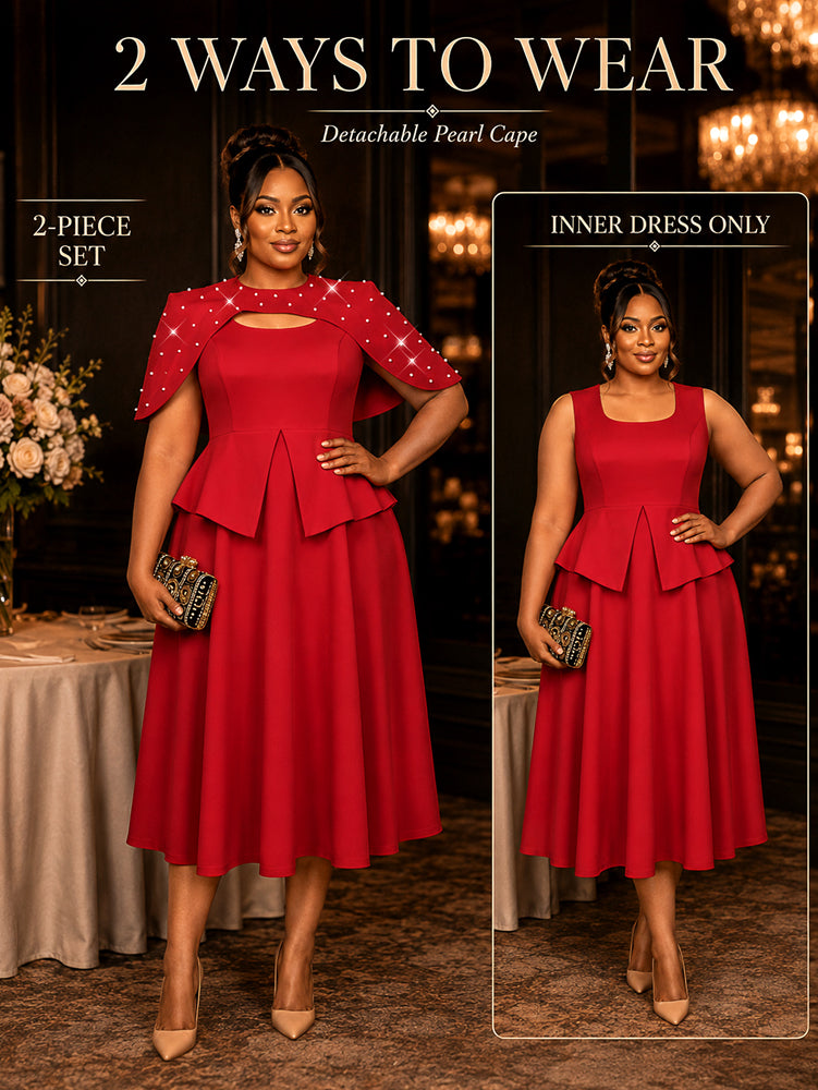 AOMEIDRESS Women Two Piece Set Beaded Cape Peplum A Line Tank Dress