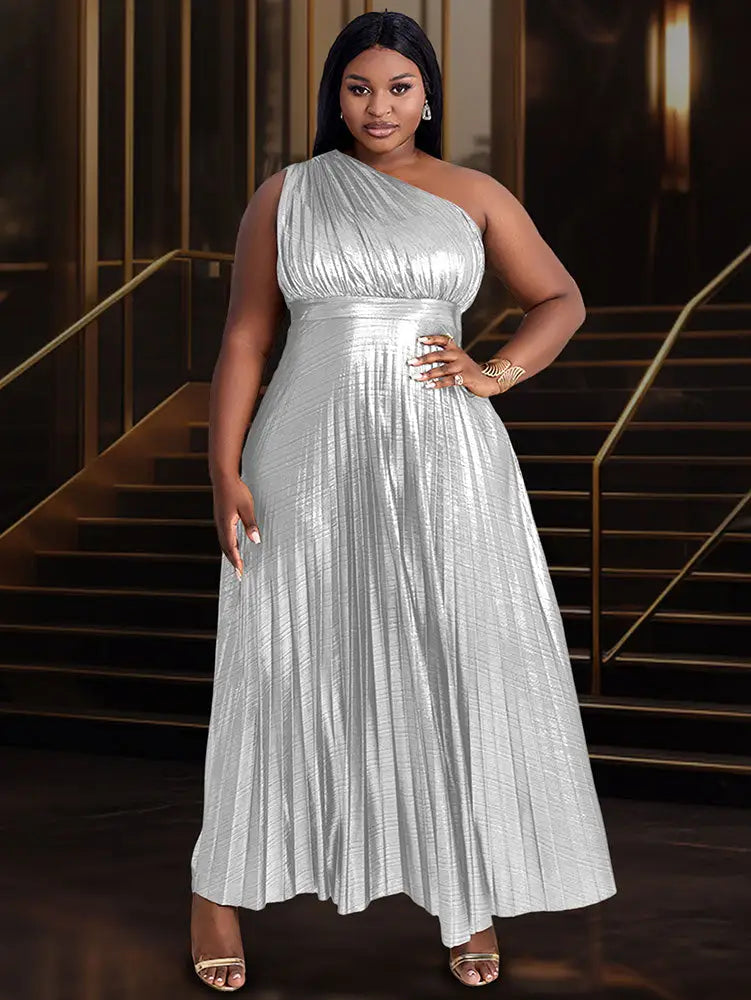 Gold Party Dress Long For Holiday One Shoulder Maxi Shiny Pleated Silver / S