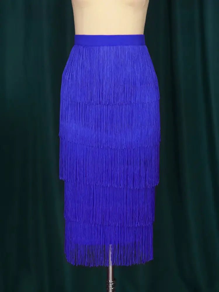Green Blue Black Ladies Fringe Bodycon Pencil Skirts Blue / S