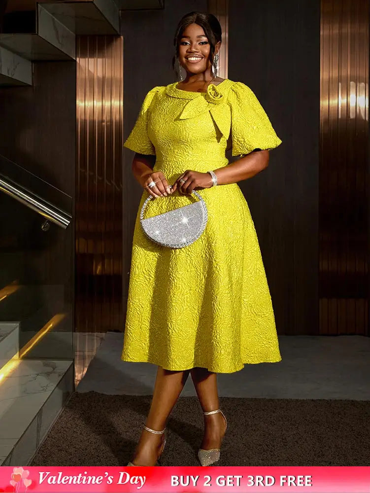 Jacquard Dresses A Line 3D Yellow Flower Short Puff Sleeve