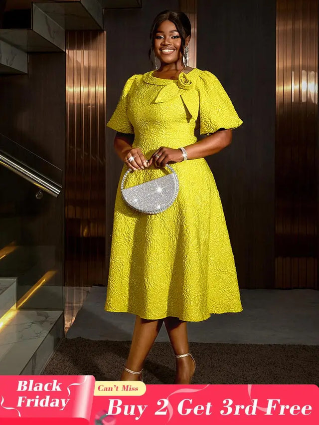 Jacquard Dresses A Line 3D Yellow Flower Short Puff Sleeve