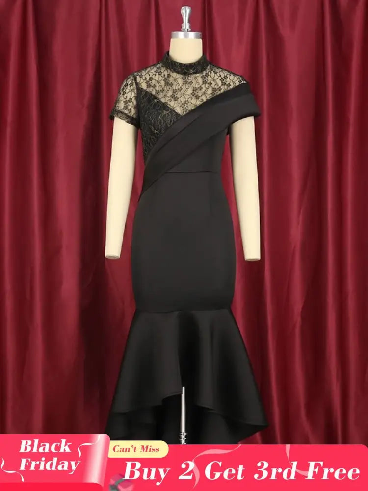 Lace Patchwork Sheer Sleeves Black Mermaid Long Dress Black / S