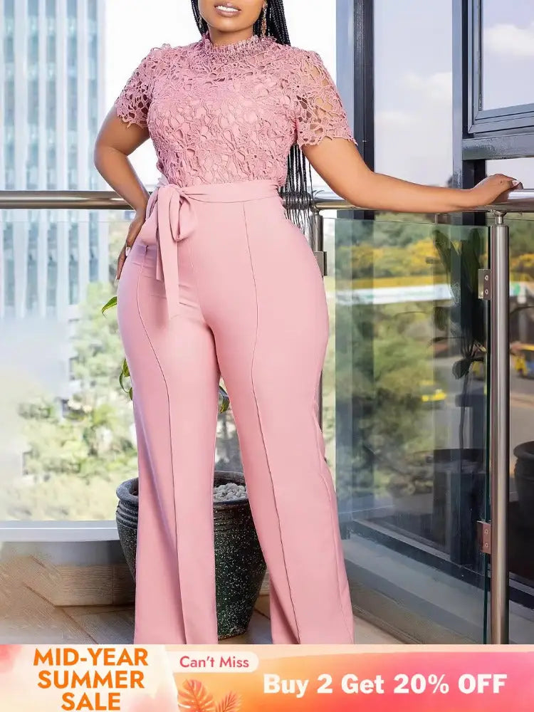 Pink Lace Jumpsuit Women Patchwork High Waist Wide Leg Waist Belt Modest