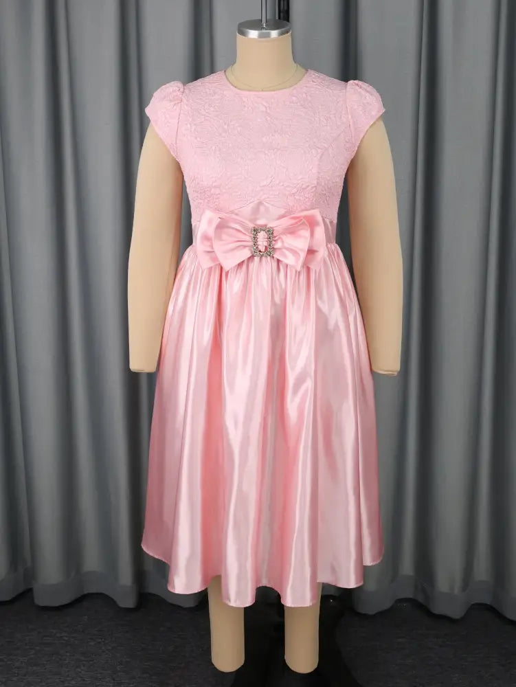 Pink Satin Midi Dress Short Sleeves Patchwork Rose Jacquard O Neck Bow A Line