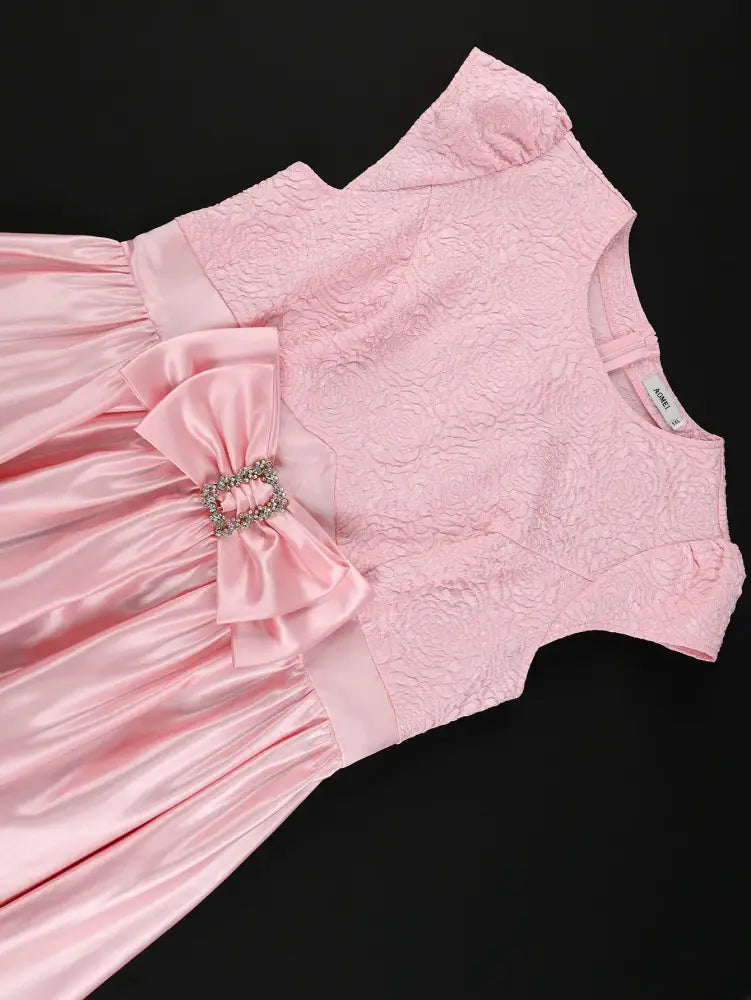 Pink Satin Midi Dress Short Sleeves Patchwork Rose Jacquard O Neck Bow A Line