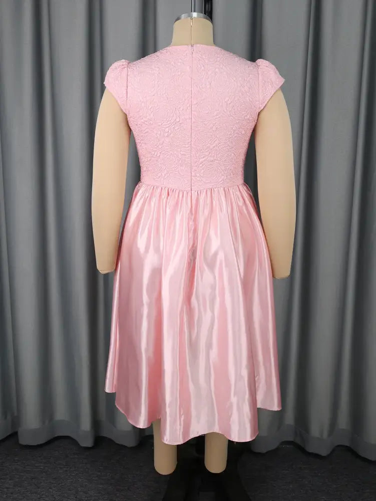 Pink Satin Midi Dress Short Sleeves Patchwork Rose Jacquard O Neck Bow A Line