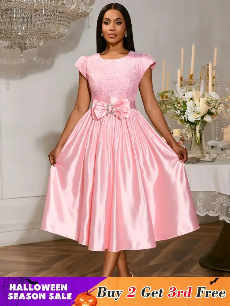 Pink Satin Midi Dress Short Sleeves Patchwork Rose Jacquard O Neck Bow A Line Pink / S
