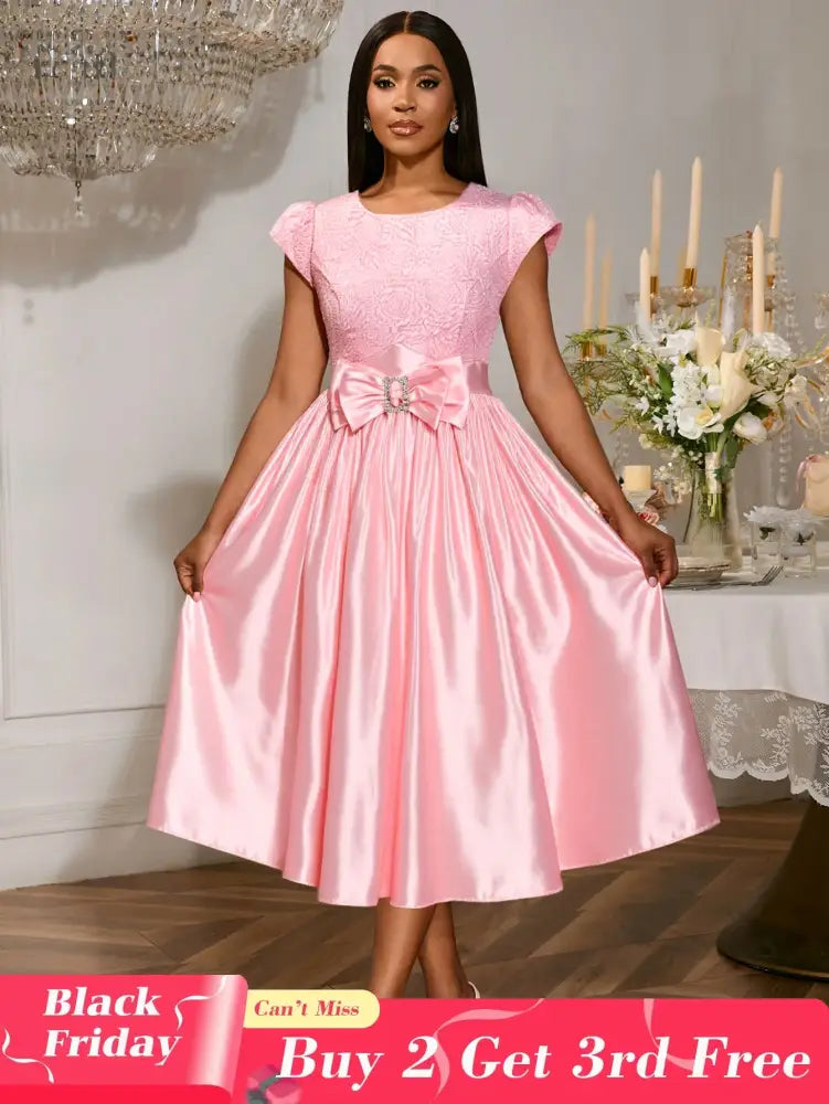 Pink Satin Midi Dress Short Sleeves Patchwork Rose Jacquard O Neck Bow A Line Pink / S