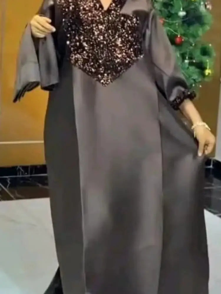 Shiny Bubu Dresses V Neck Patchwork Sequined African Kaftan Dress Black / One Size