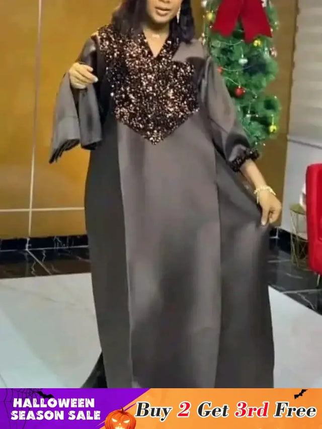 Shiny Bubu Dresses V Neck Patchwork Sequined African Kaftan Dress Black / One Size