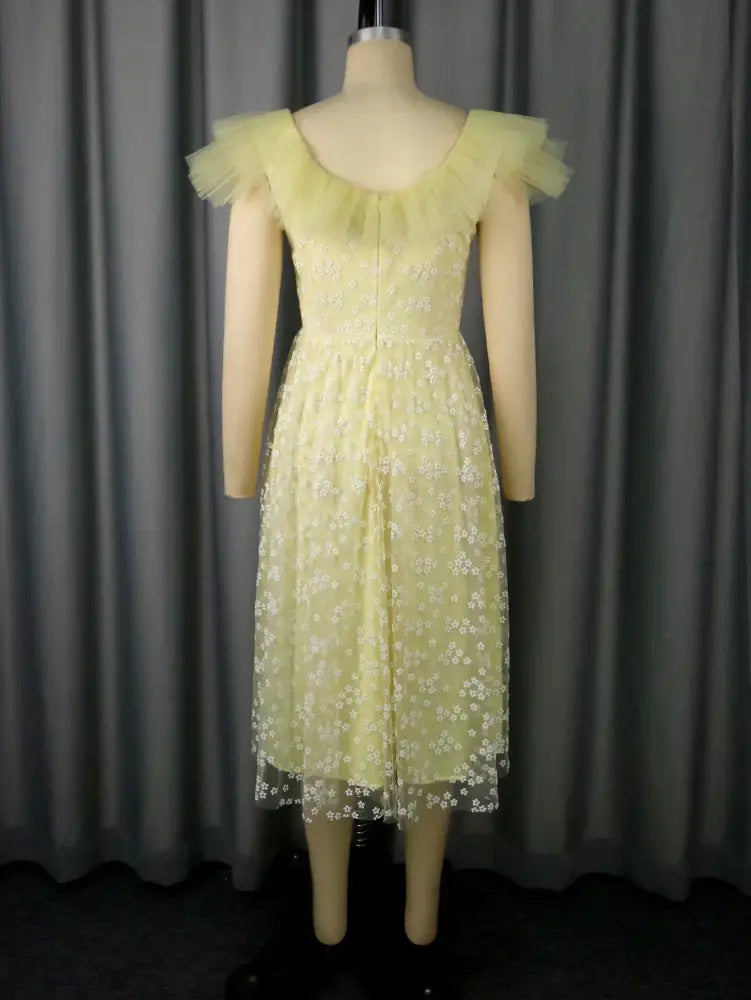 Square Collar A Line Mesh Dress French Style Elegant Floral Embroidery Midi Party Dresse