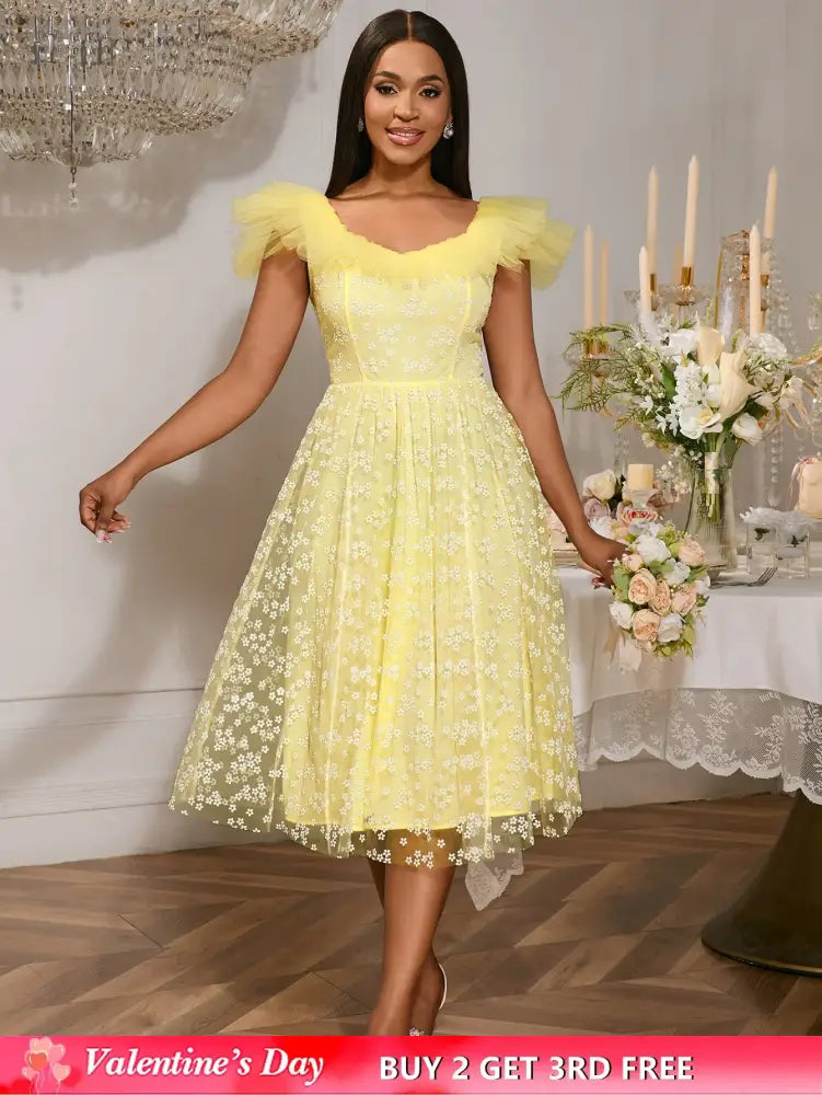 Square Collar A Line Mesh Dress French Style Elegant Floral Embroidery Midi Party Dresse Yellow / S