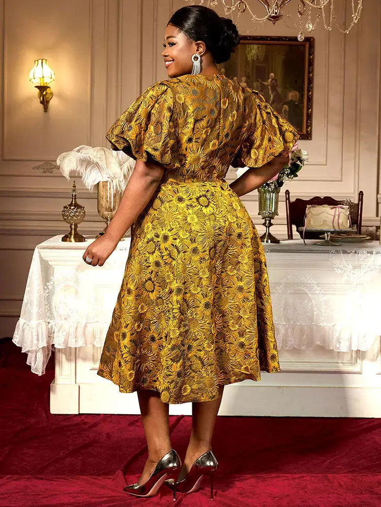 AOMEIDRESS Jacquard A Line Dresses Short Lantern Sleeves Elegant Retro Party Event