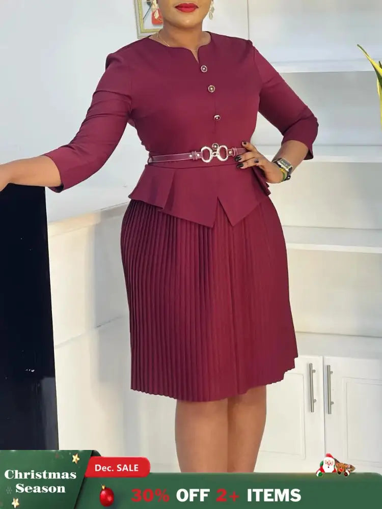 Woman Work Dress O Neck 3/4 Sleeve Peplum Belly Cover Waist Belt Button Pleated