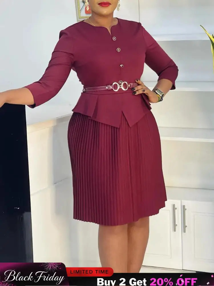 Woman Work Dress O Neck 3/4 Sleeve Peplum Belly Cover Waist Belt Button Pleated