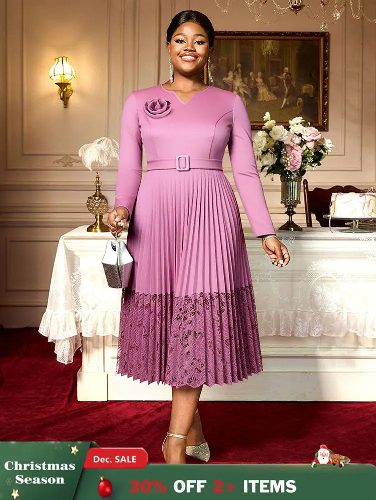 Women A Line Pleated Dress V Neck 3D Flower Patchwork Lace Autumn New