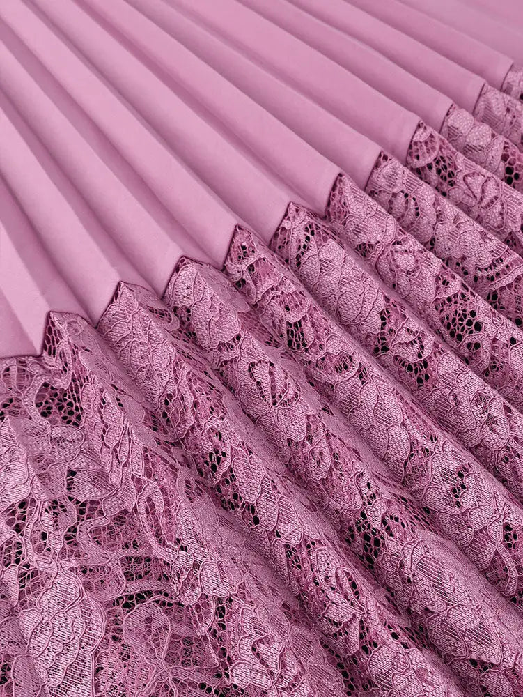 Women A Line Pleated Dress V Neck 3D Flower Patchwork Lace Autumn New