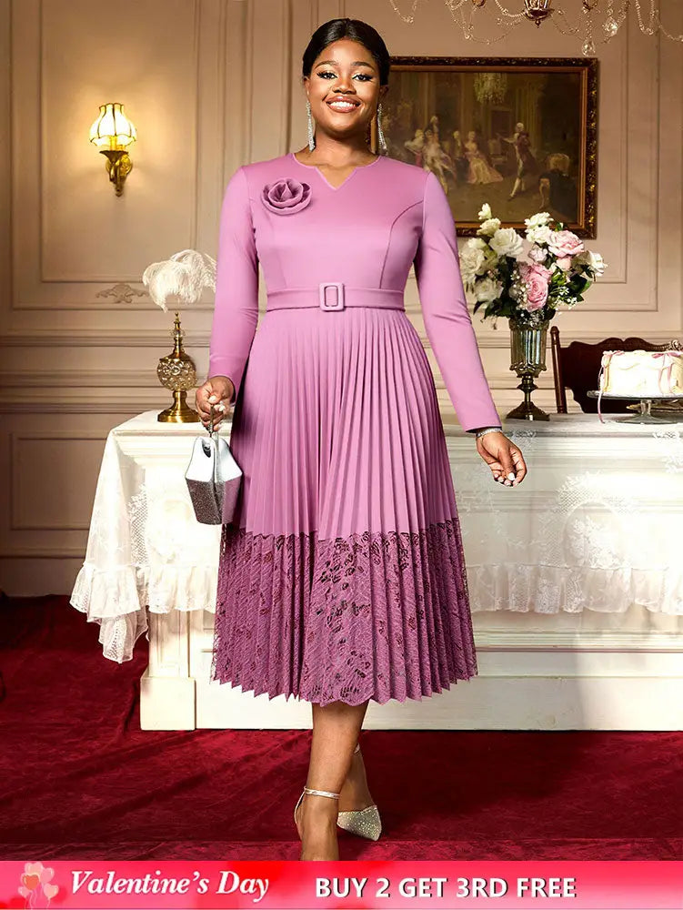 Women A Line Pleated Dress V Neck 3D Flower Patchwork Lace Autumn New