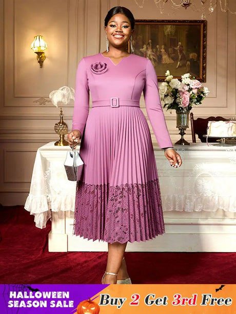 Women A Line Pleated Dress V Neck 3D Flower Patchwork Lace Autumn New