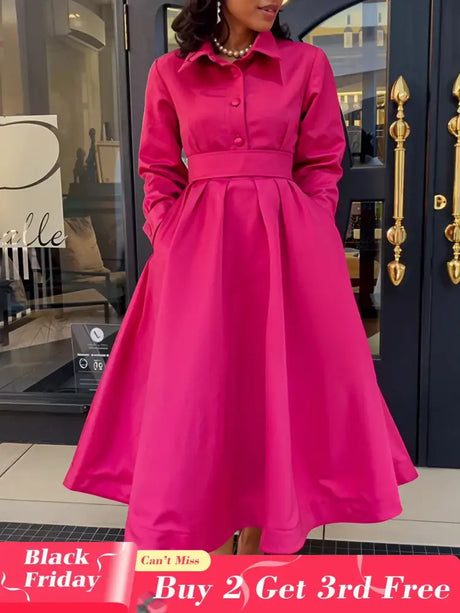 Women Autumn New Item Wrinkled Lapel Long Sleeved A line Dress