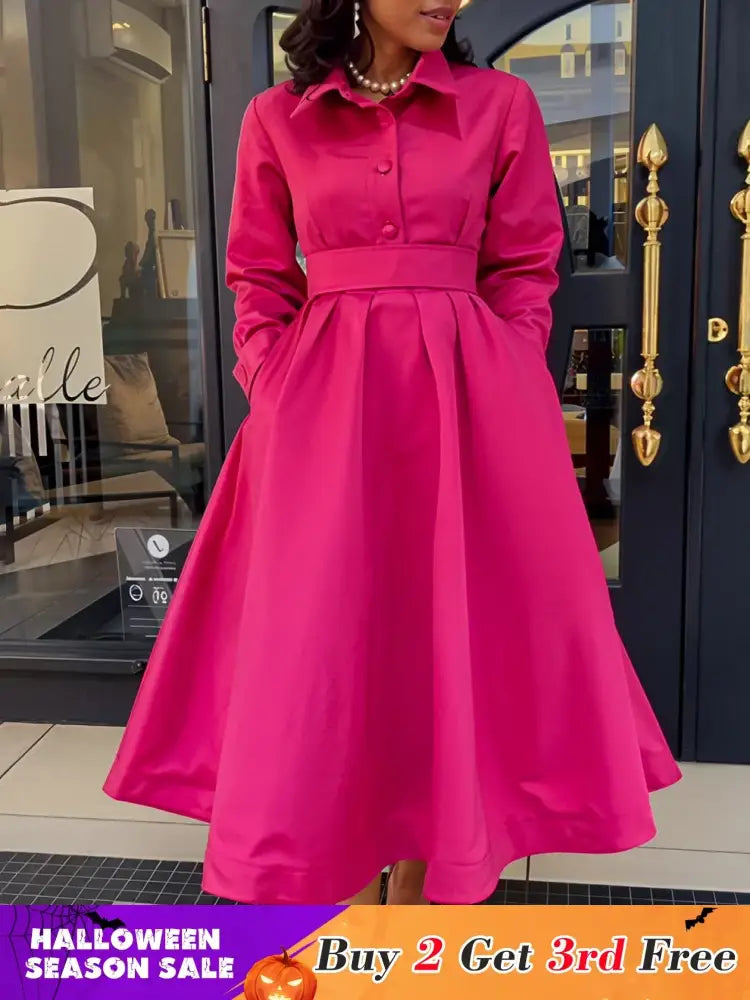 Women Autumn New Item Wrinkled Lapel Long Sleeved A line Dress