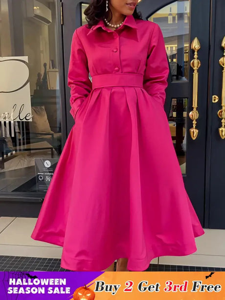 Women Autumn New Item Wrinkled Lapel Long Sleeved A line Dress