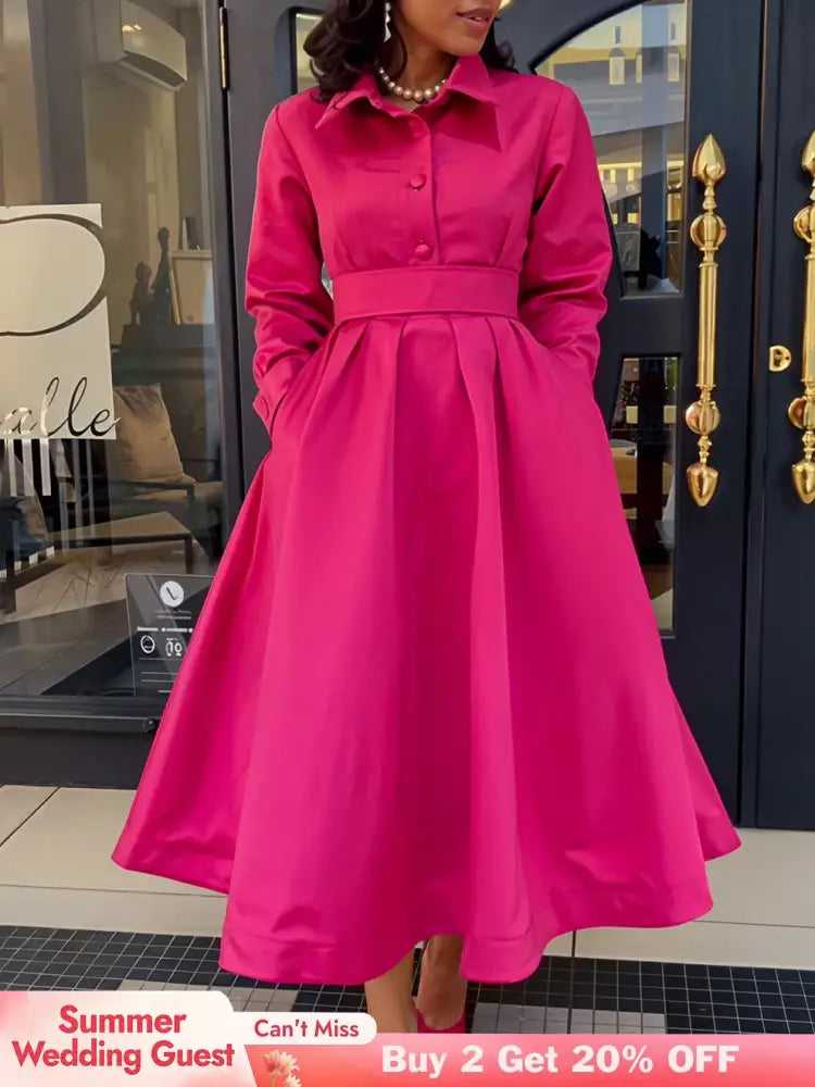 Women Autumn New Item Wrinkled Lapel Long Sleeved A line Dress
