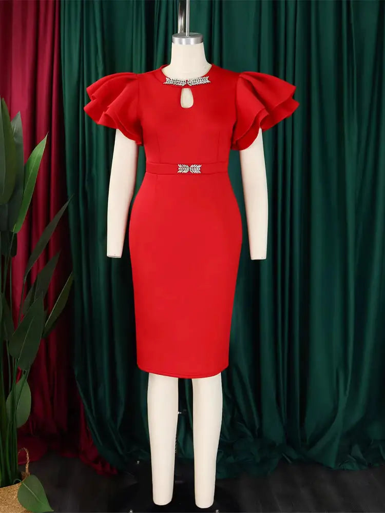 Women Bodycon Party Dress Ruffles Sleeves Hollow Out Party