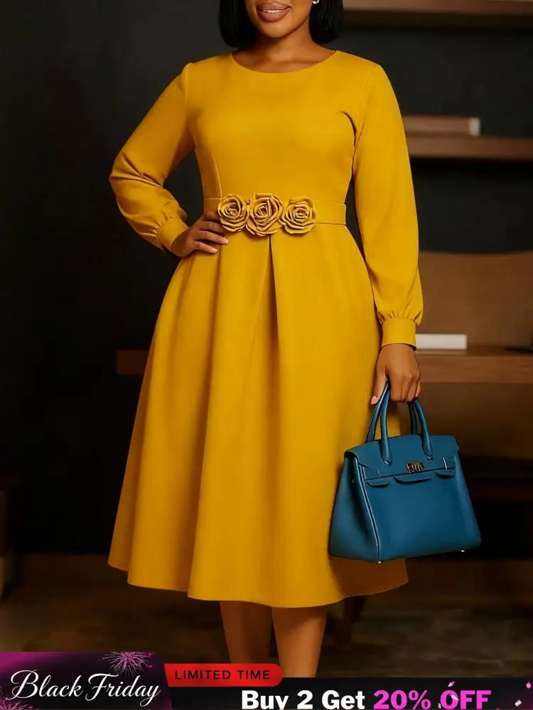 Women Elegant A Line Dresses O Neck Long Puff Sleeve 3D Flower