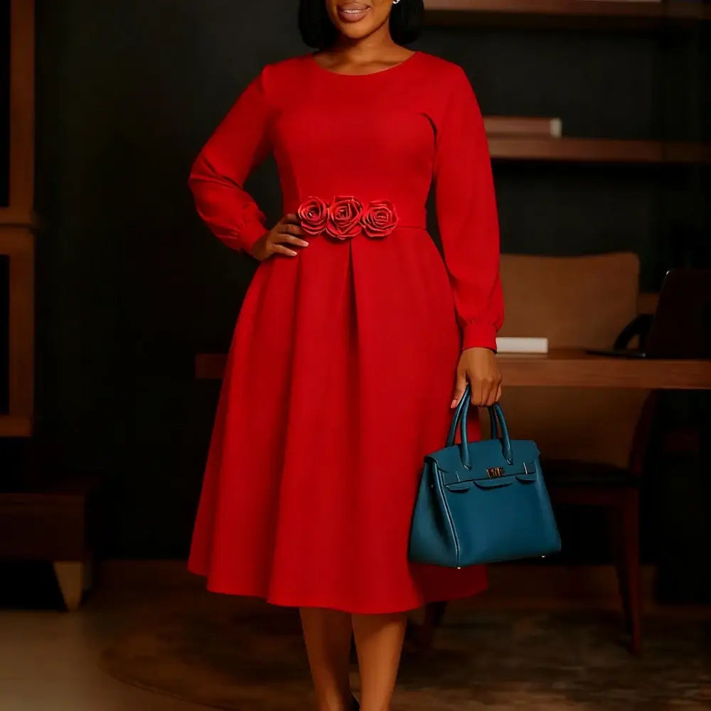 Women Elegant A Line Dresses O Neck Long Puff Sleeve 3D Flower Red / S