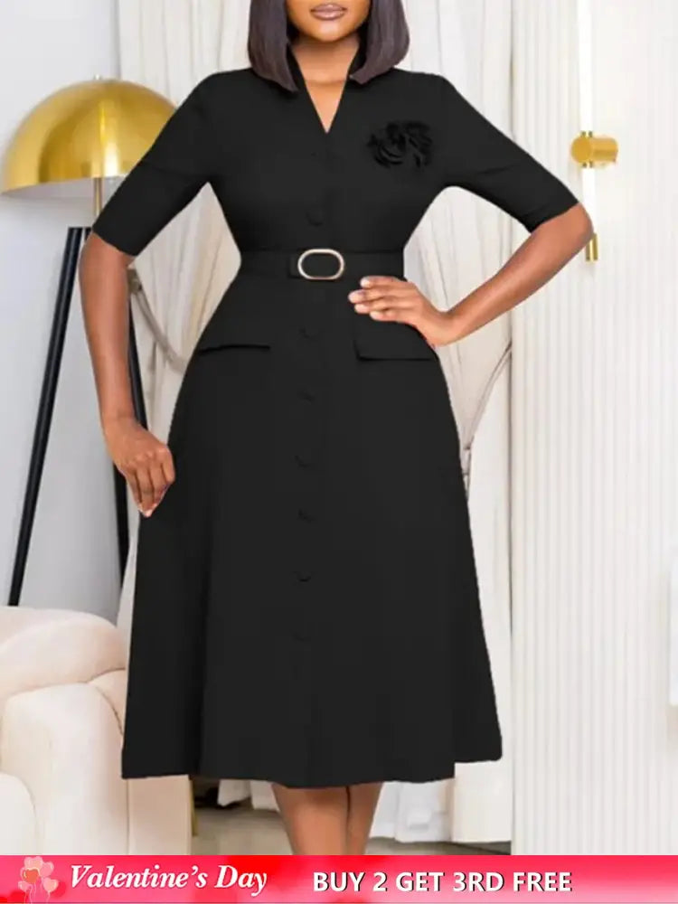 Women Elegant A Line Midi Dress V Neck Half Sleeve 3D Flower Waist Belt