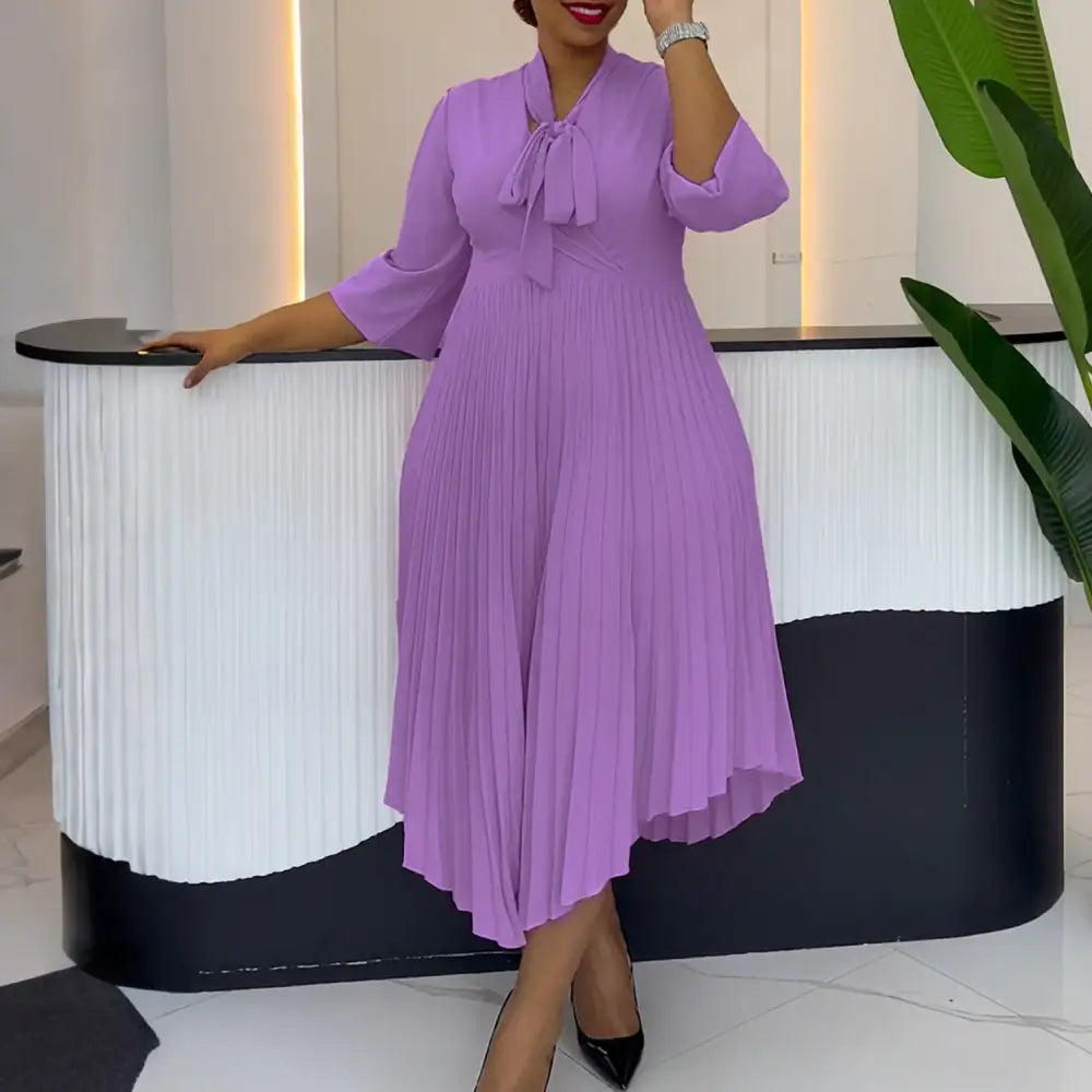 Women Elegant A Line Midi Pleated Dress with Bow Tie Neck 3/4 Sleeves Irregular Lavender / S