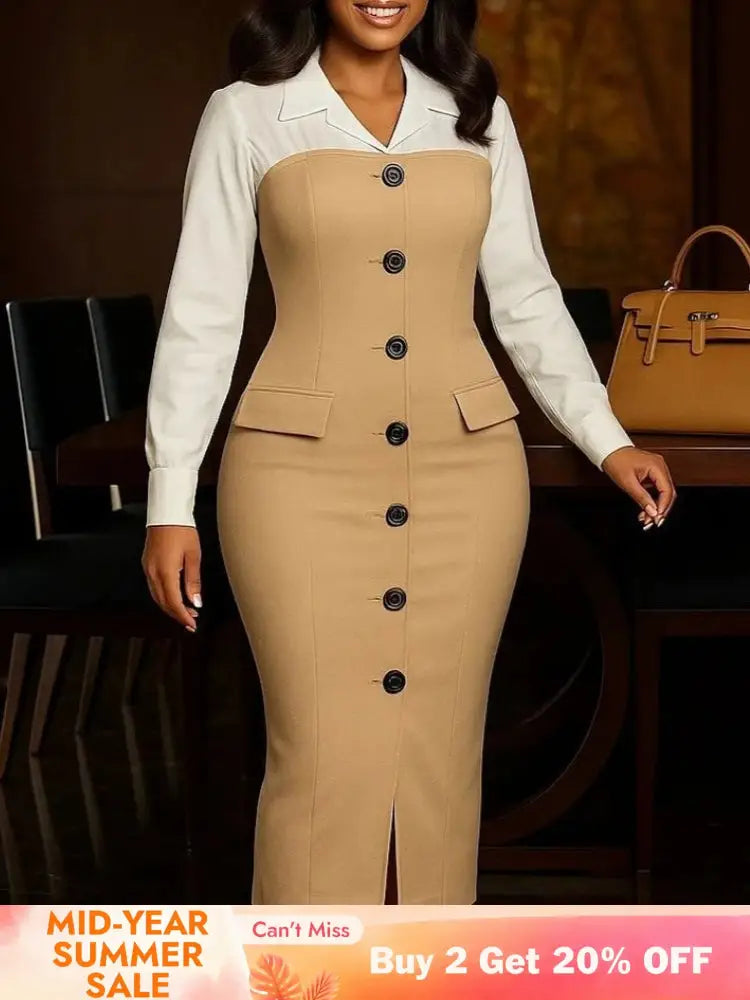 Women Elegant Church Dresses Color Block Notched Lapel Long Sleeve Button