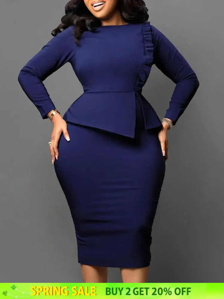 Women Elegant Dress Bodycon Long Sleeves Peplum Ruffles
