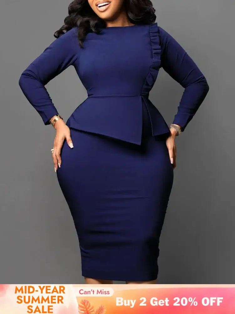 Women Elegant Dress Bodycon Long Sleeves Peplum Ruffles