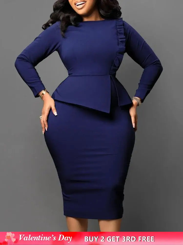 Women Elegant Dress Bodycon Long Sleeves Peplum Ruffles