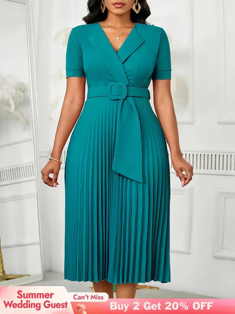 Women Elegant Pleated Church Dress V Neck Short Sleeves Waist Belt Classy