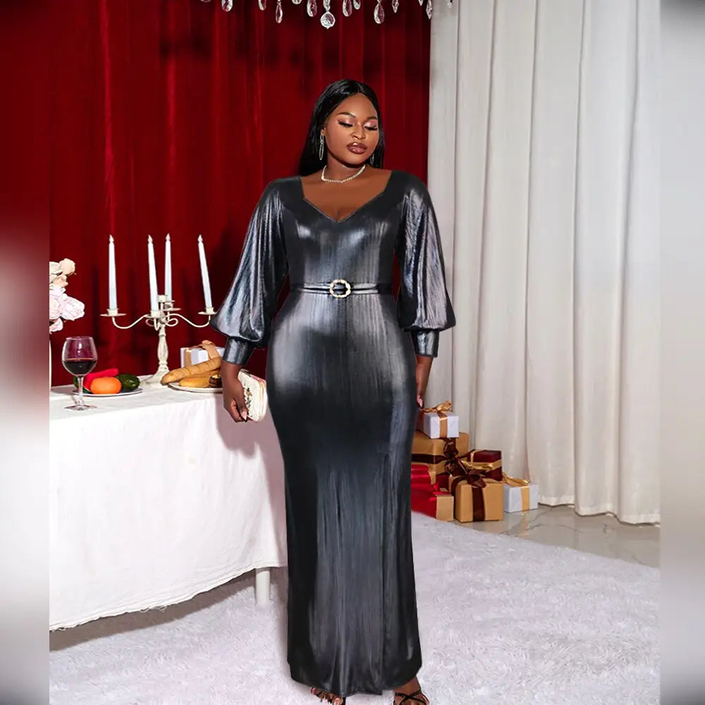 Women Lantern Sleeve Shiny Grey Long Evening Dress Gray / S