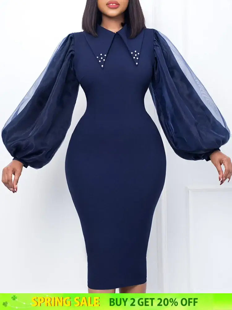 Women Long Lantern Sleeves Dress Turn Down Collar Autumn Fashion