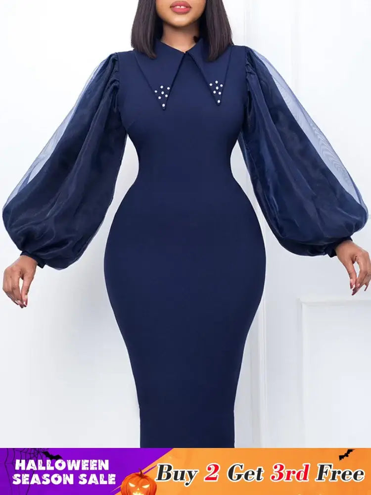 Women Long Lantern Sleeves Dress Turn Down Collar Autumn Fashion