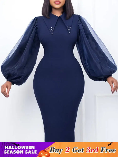 Women Long Lantern Sleeves Dress Turn Down Collar Autumn Fashion