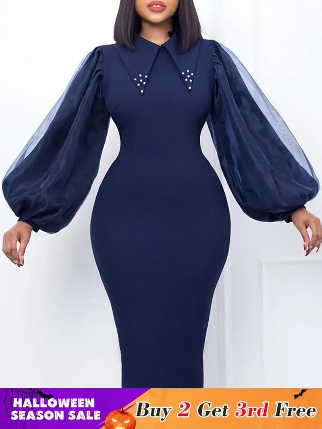 Women Long Lantern Sleeves Dress Turn Down Collar Autumn Fashion
