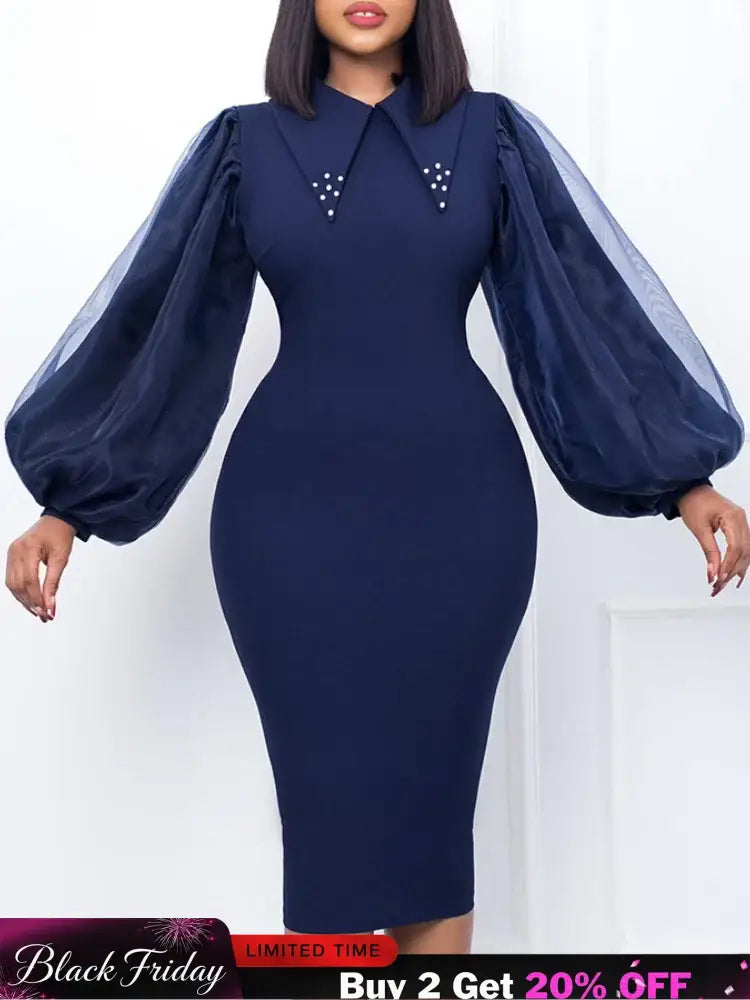 Women Long Lantern Sleeves Dress Turn Down Collar Autumn Fashion