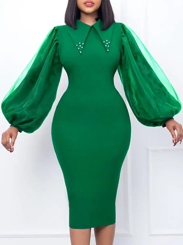 Women Long Lantern Sleeves Dress Turn Down Collar Autumn Fashion Green / S