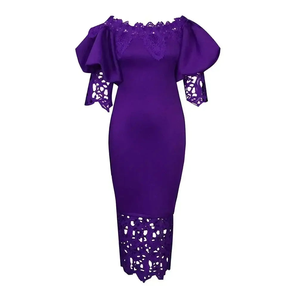 Women Off Shoulder Long Dress Hollow Out Lace High Waisted Bubble Sleeve Purple / S / 164