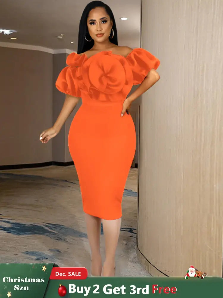 Women Off Shoulder Ruffle Flower Party Dresses Midi Orange / S