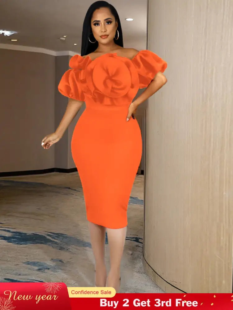 Women Off Shoulder Ruffle Flower Party Dresses Midi Orange / S